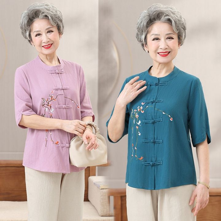 zge-2077ชุดเดรสหน้าร้อนของคุณยายมารดาของผู้สูงอายุสไตล์จีนเสื้อหรูหราฤดูร้อนชุดจีนปักเย็บ
