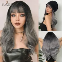 EASIHAIR Black to Grey Ombre Synthetic Wigs Long Wavy Ash Natural Hair Wigs with Bangs for Women Cosplay Wig Heat Resistant Wig  Hair Extensions Pads