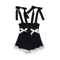 Student Japanese soft girl lolita overalls. Cute bow mesh panelled wide-leg shorts. Cute sweet girl. y girl