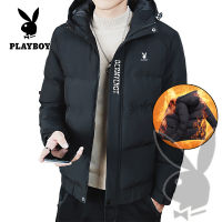 PLAYBOY เสื้อผ้าฝ้ายผู้ชายเสื้อกันหนาวสบาย ๆ ลงเสื้อฝ้ายแจ็คเก็ตยืนคอเสื้อผ้าฝ้ายมีฮู้ดสำหรับผู้ชาย