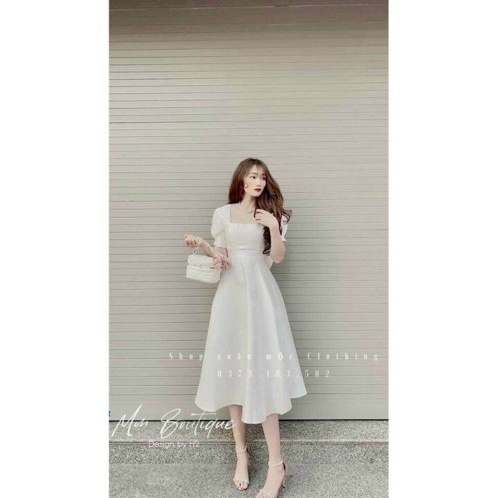 white-dress-with-square-neck-party-with-back-bow-hakieu-msp055