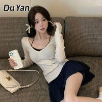 Du YAN สเวตเตอร์คอวีทรงสลิมฟิตสำหรับผู้หญิง,สเวตเตอร์ด้านในแขนยาวสเวตเตอร์เสื้อฉบับภาษาเกาหลีทรงสลิมฟิต