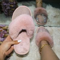 [NEW EXPRESS] Woman Home Plush Fur Slippers Women Crystal Autumn Winter Warm Shoes Female Indoor Casual Footwear Big Size 43