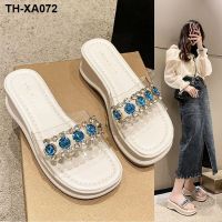 2023 womens summer thick-soled outerwear womens slippers slope rhinestone flip-flops transparent soft rubber open-toed sandals increase in height and sparkle