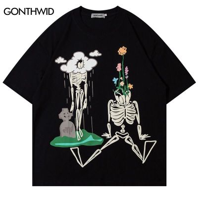 Hip Hop Oversize T Shirt Streetwear 2023 Funny Skull โครงกระดูกกราฟิกพิมพ์ Tshirt Harajuku แฟชั่นสบายๆหลวมๆฝ้าย Tee Tops