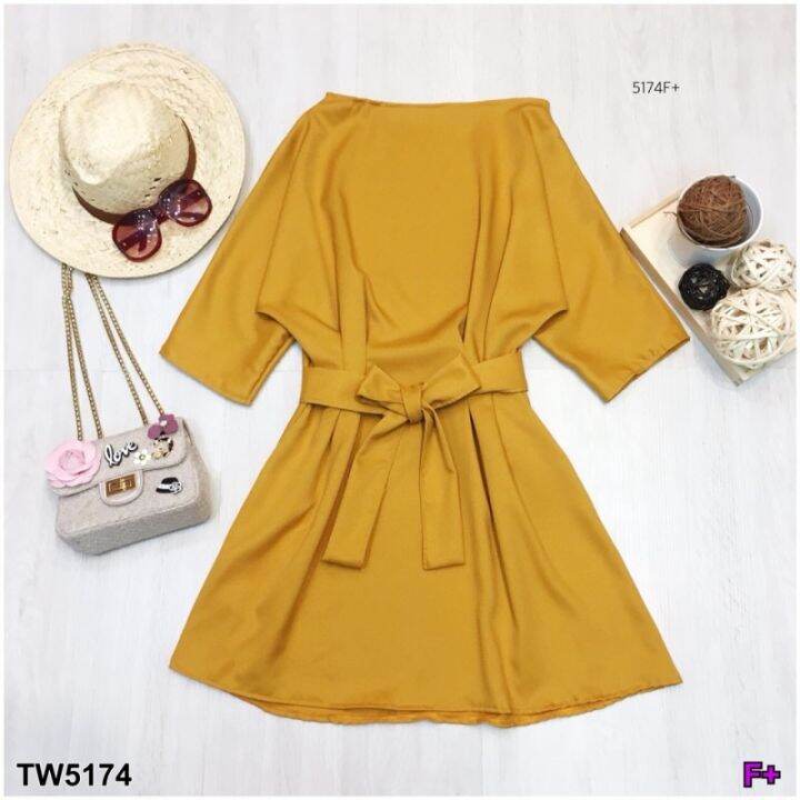 tw5174-dress-เดรสแขนศอก-แต่งจับจีบหน้า-เนื้อผ้าโฟร์เวย์-มาพร้อมสายผูกโบว์เอว