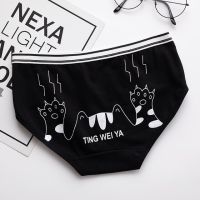 Simple Black White Cartoon Cat Cute Girls Underwear Women Mid Waist Cotton Seamless Sanitary Panties Soft Vogue Briefs