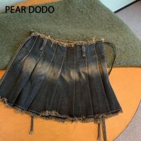 PEAR DODO กระโปรงมีจีบทรงเอไลน์สำหรับผู้หญิงผ้าเดนิมเอวสูงแบบไม่สม่ำเสมอสำหรับฉบับภาษาเกาหลี