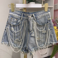 Denim Shorts Summer Dress New European Station Heavy Industry Shorts Jeans Womens Tassel Pearl Pendant Raw Edge A-line Wide-leg Pants