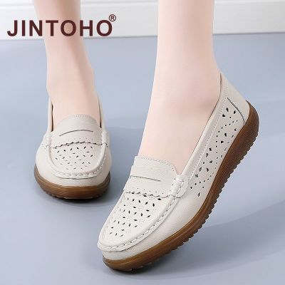 Jintoho】รองเท้าโลฟเฟอร์แบบมีรูระบายอากาศสำหรับผู้หญิง Comfort เบารองเท้าส้นเตี้ยสีดำสำหรับสตรีมีครรภ์รองเท้าส้นเตี้ยกันลื่นกลางแจ้ง