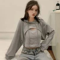 Hooded Thin Spring Autumn Fashion Suit Casual Sexy Vest Camisole Vest Plus Top Long Sleeve Pullover Two-piece Suit Sweatshirt