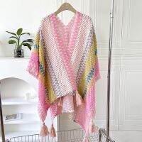 ；【‘；- Retro Ethnic Style Shawl Womens Tourism Photography Knitted Scarves Blanket Fashion Tassel Cape Wrapped Fall Outside Ride