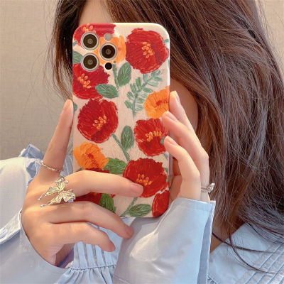 Green Leaf Rose Phone Case สำหรับ iPhone12 กรณีโทรศัพท์สไตล์วินเทจเฉพาะกลุ่มสำหรับ iPhone11ProMax กรณีโทรศัพท์สีน้ำมันสี iPhoneXR สำหรับ iPhone13 ซิลิโคนป้องกันการตกสำหรับ iPhone Xs กรณีโทรศัพท์ดอกไม้ใหม่สำหรับ iPhone XsMax