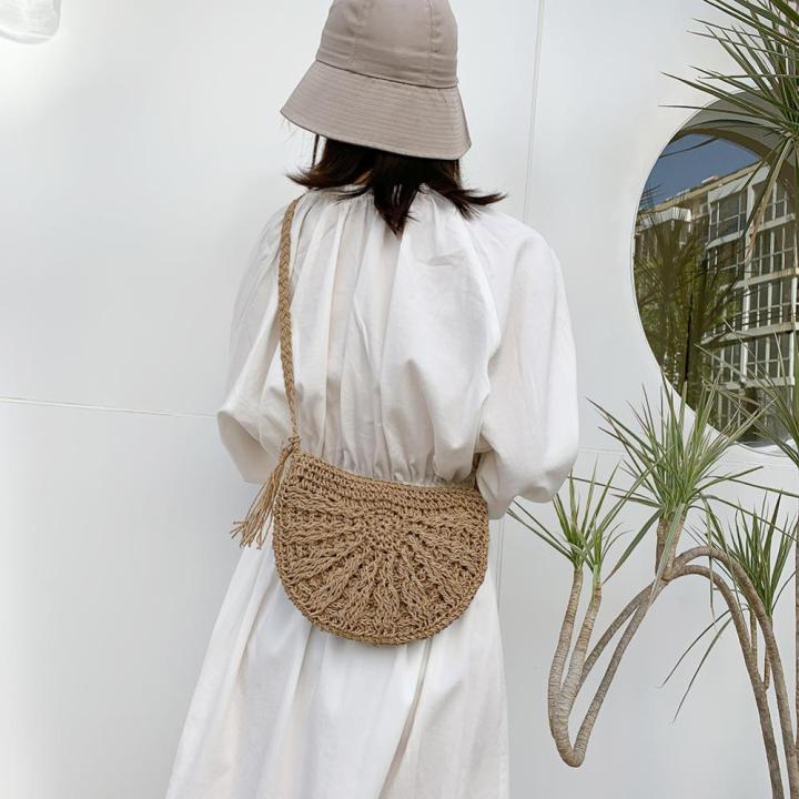 ฟางย้อนยุคสำหรับผู้หญิงเชือกทอกระเป๋าสะพายชายหาดกระเป๋าสตางค์ใบเล็ก-สีน้ำตาลอ่อน