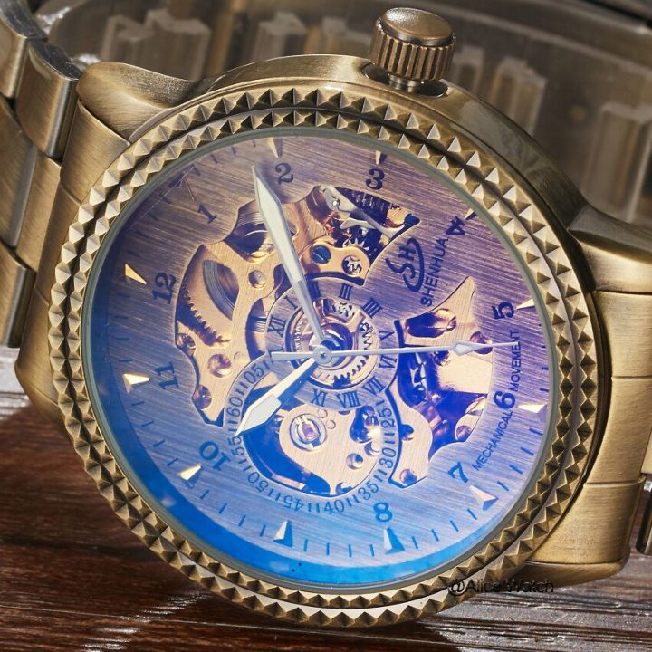 นาฬิกาข้อมือสำหรับผู้ชาย-สแตนเลสนาฬิกาผู้ชายแบบกลไกอัตโนมัติย้อนยุคสีบรอนซ์