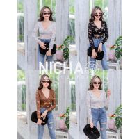 NICHA ONLINE??Bodysuit แขนยาว คอวี ผ้าลูกไม้มีซับในที่หน้าอก ??