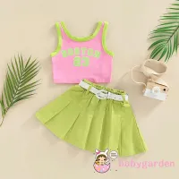 [ส่งของ]BABYGARDEN-1-6years Baby Girls Outfits, Letter Print Sleeveless Tank Tops Solid Color Pleated Skirts Waist Belt Summer Set