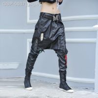 ☏Gsgw Calças De Couro Pu Pu Com Zíper Cintura Baixa พารามัลเฮอร์ Roupa Palco Dj ฮิปฮอป Punk Calça Transveral