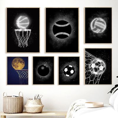 Breathable Neon สีดำสีขาวบาสเกตบอลฟุตบอลวอลเลย์บอลโปสเตอร์ภาพวาดผ้าใบ Nordic กีฬา Wall Art รูปภาพที่สมบูรณ์แบบสำหรับห้องเด็ก Gym Decor