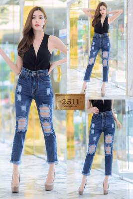 👖2511 Vintage Jeans by Araya กางเกงยีนส์ ผญ กางเกงแฟชั่นผู้หญิง กางเกงยีนส์เอวสูง กางเกงยีนส์ทรงบอยสลิม แต่งขาด ผ้าไม่ยืด งานสวยมากๆ