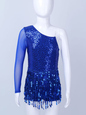 Professional Dance Wear For Girls Long Sleeve Sequins Bodice Ice Skating Dress Kids Ballet Dancing Gymnastics Leotard Dress