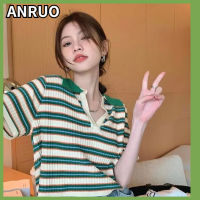 ANRUO เสื้อถักคอเสื้อโปโลลายผู้หญิง,เสื้อผ้าฝรั่งเศสเสื้อยืดสั้นเปิดพรวดพราดสีเขียว