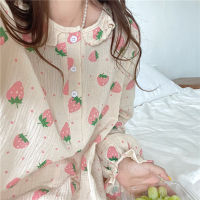 Kuzuwata 2022 Korean Women Nightwear Autumn Winter New Sweet Strawberry Print Long Sleeved Pants Pajamas Sets Casual Home Wear