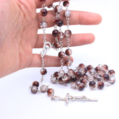 Cross Rosary Necklace 8mm Crushed Stone Round Beads Catholic Christian Prayer Beads