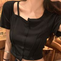 COD dsdgfhgfsdsss Womens collarbone short-sleeved T-shirt summer slim-fit hot girls short navel-exposed solid color top