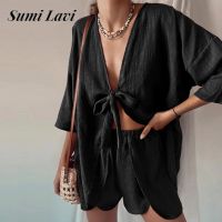 2023 Casual Womens Deep V-Neck Half Sleeve Top and Shorts Set Loose Solid Bow Pajamas Two Pieces Set Summer Womens Home Wear