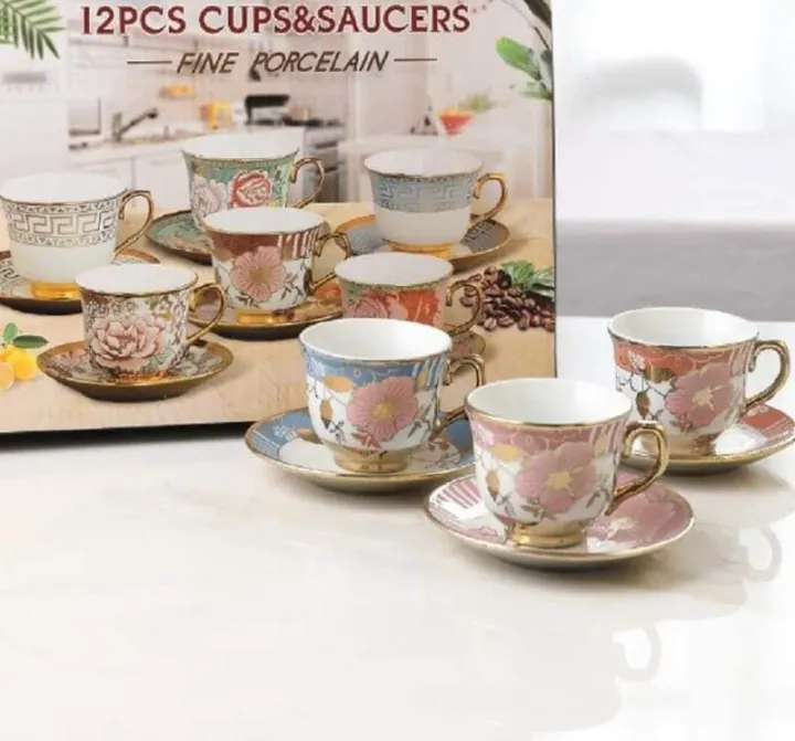 12 pcs Cup and Saucers ,Ceramic Coffee Cup Saucer, Gift Box Set Tea Cups Saucers, Fine Porcelain