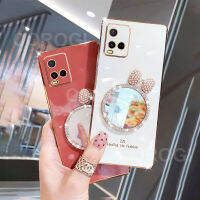 เคส T1x Y33T Y33s Y21e สำหรับ Vivo Y21 Y21A พร้อมกระจกแต่งหน้าติดโบว์กรอบสี่เหลี่ยมเคลือบเงาแวววาวของเด็กผู้หญิงทำจากซิลิโคน Casing Ponsel กันกระแทกฝาครอบด้านหลัง