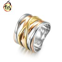 [COD] three-dimensional three-color gradient stainless steel ring exaggerated European and big-name style titanium female