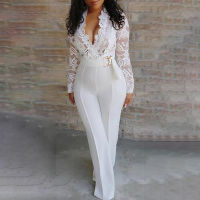 Elegant Lace Rompers Womens Summer Jumpsuit Solid Color y Ladies Casual Long Trousers Overalls White Jumpsuit Office Lady