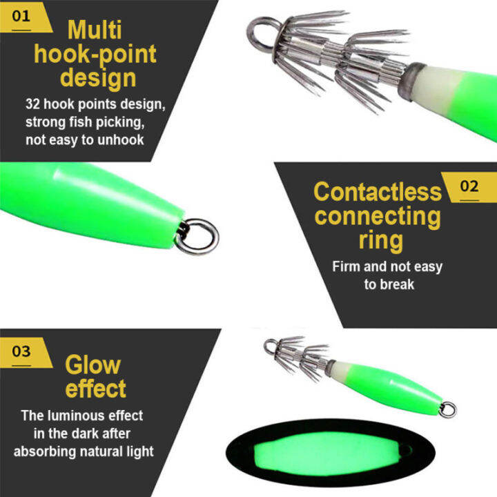 zp-5ชิ้นชุดเหยื่อตกปลาปลาหมึกเบ็ดเกี่ยวปลาหมึกเรืองแสงพร้อมตะขอสองชั้นสำหรับน้ำจืดน้ำเค็ม