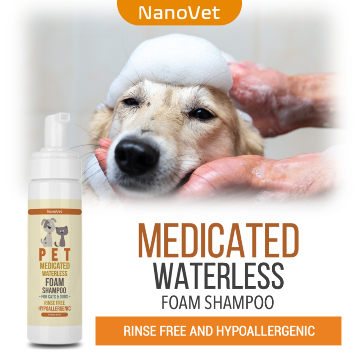 Nanovet No Rinse Waterless Medicated Pet Foam Shampoo 200ml (Suitable for All Pets, Best for