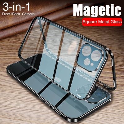 🔥Gratis Ongkir + ปลาค็อด🔥เคสแม่เหล็ก360สำหรับ iPhone 14 13 12 11 Pro Max 13 12 Mini กระจกสองด้านป้องกันฝาหลังมีเลนส์กล้อง