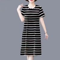 Round collar womens mother big yards in the printed stripe long thin ice silk dress female summer with short sleeves of the dress ❤