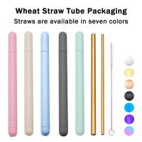 Portable Straw Set Creative 304 Stainless Steel Straw Set Wheat Straw Storage Box Camping Picnic Travel Dustproof Drinking Straw Specialty Glassware
