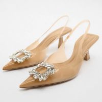 TRAF รองเท้าส้นสูงโปร่งใส Elegant Rhinestones ปั๊ม Pointed Toe รองเท้าแตะสตรีฤดูร้อน2023 Slingbacks งานแต่งงาน Stiletto