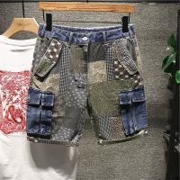 Cashew printed cargo denim shorts men new multi pockets five point blue street style
