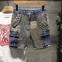 z74nfyx Cashew printed cargo denim shorts men new multi pockets five point blue street style