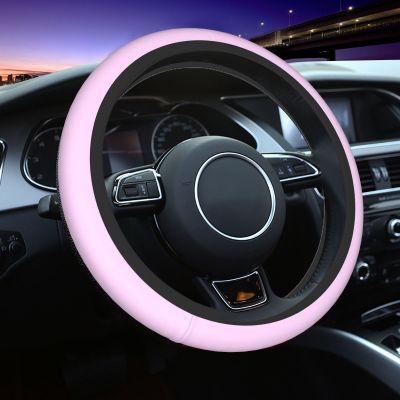 {Automobile accessories} พวงมาลัยขนาด38ซม. มีฝาปิดสีชมพูสีของแข็งยืดหยุ่นอุปกรณ์เสริมรถยนต์ตกแต่งรถยนต์แบบยืดหยุ่น
