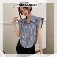 HUAYANG01 [2023 new HOT FASHION] lazlook เสื้อผู้หญิงลายทางคอปกเข้ารูปสุดชิคคลาสสิกฤดูร้อนเรียบง่ายลำลอง