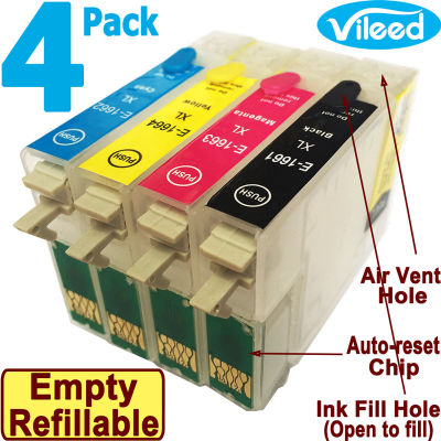 compatible 4 Pack 166 Full Set Refillable Empty Print Cartridge Without Ink for EPSON T1661 Black T1662 Cyan T1663 Magenta T1664 Yellow for Expression ME-10 ME-101 ME 10 101 Color Printer