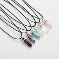 Stone Pendant Pink Crystal Tiger Eye Moonstone Turquoise Pendulum Fluorescence Hexagonal Cylindrical Bullet LeatherClavicleChain