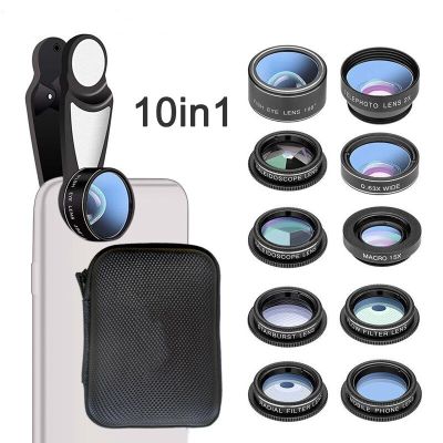 Phone Lens Kit Universal 10 in 1 Fisheye Wide Angle Macro Lens CPL Filter Kaleidoscope+2X Telescope Lens for Most of Smartphones