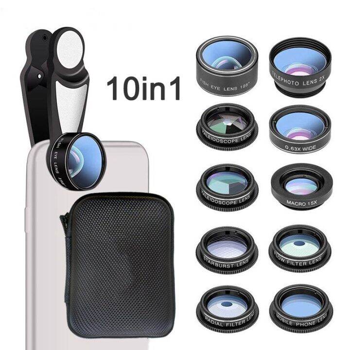 phone-lens-kit-universal-10-in-1-fisheye-wide-angle-macro-lens-cpl-filter-kaleidoscope-2x-telescope-lens-for-most-of-smartphones