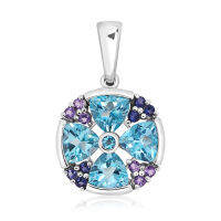 CHRISHA_จี้เงินแท้ 925 SILVER PENDANT WITH BLUE TOPAZ AND AMETHYST AND IOLITE  ที่ส่องประกายแวววาว และ เคลือบด้วยทองคำขาว