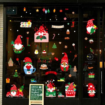 Christmas Window Stickers Set Front and Back Shop Window Wall Grass Stickers Home Decoration Xmas Santa Claus Snowflakes